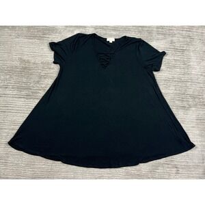 Misia Tunic Top Women 2X Black Lace Up V-Neck Swing Short Sleeve KT1833X Stretch
